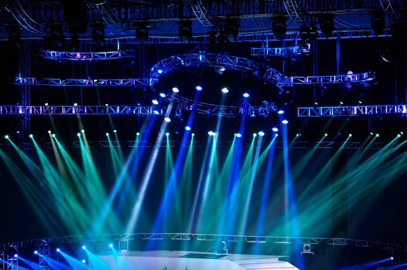 A stage with lights and blue lighting